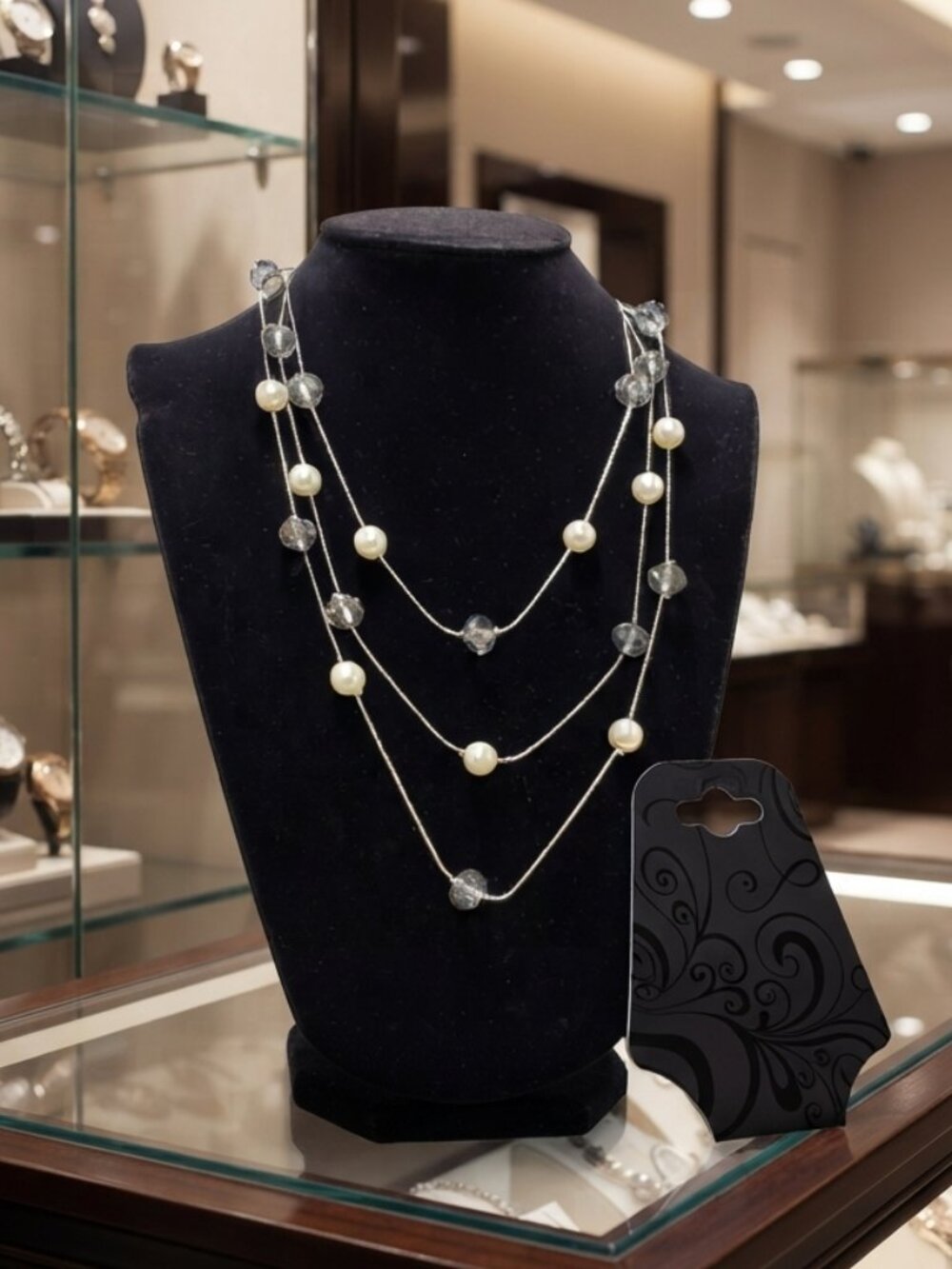 Inter-American Silver Chain cable 3 strand necklace with pearl and clear beads